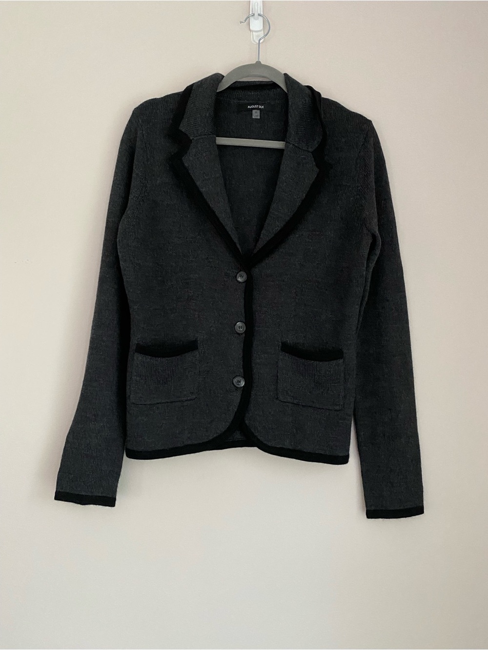August Silk knit cardigan blazer Merino wool blend black trim front pockets Med